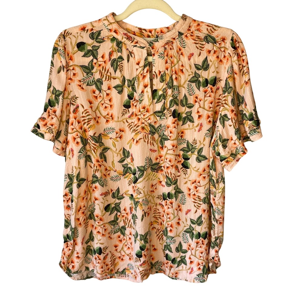LOFT Pink‎ Floral Keyhole Ruffle Sleeve Blouse XL Dobby Stripe Botanical Top
